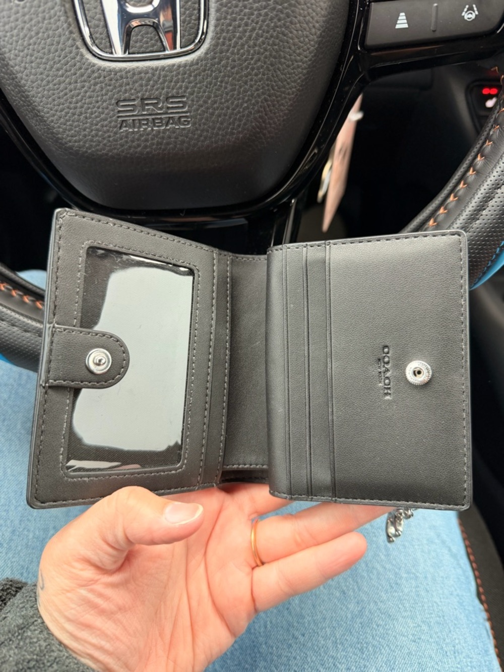 Coach Black Leather Trifold Card Wallet with ID Window